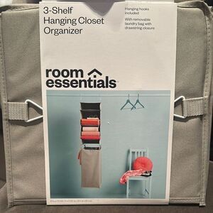 Room Essentials Gray 3-Shelf Hanging Closet Organizer Removable Laundry Bag NEW